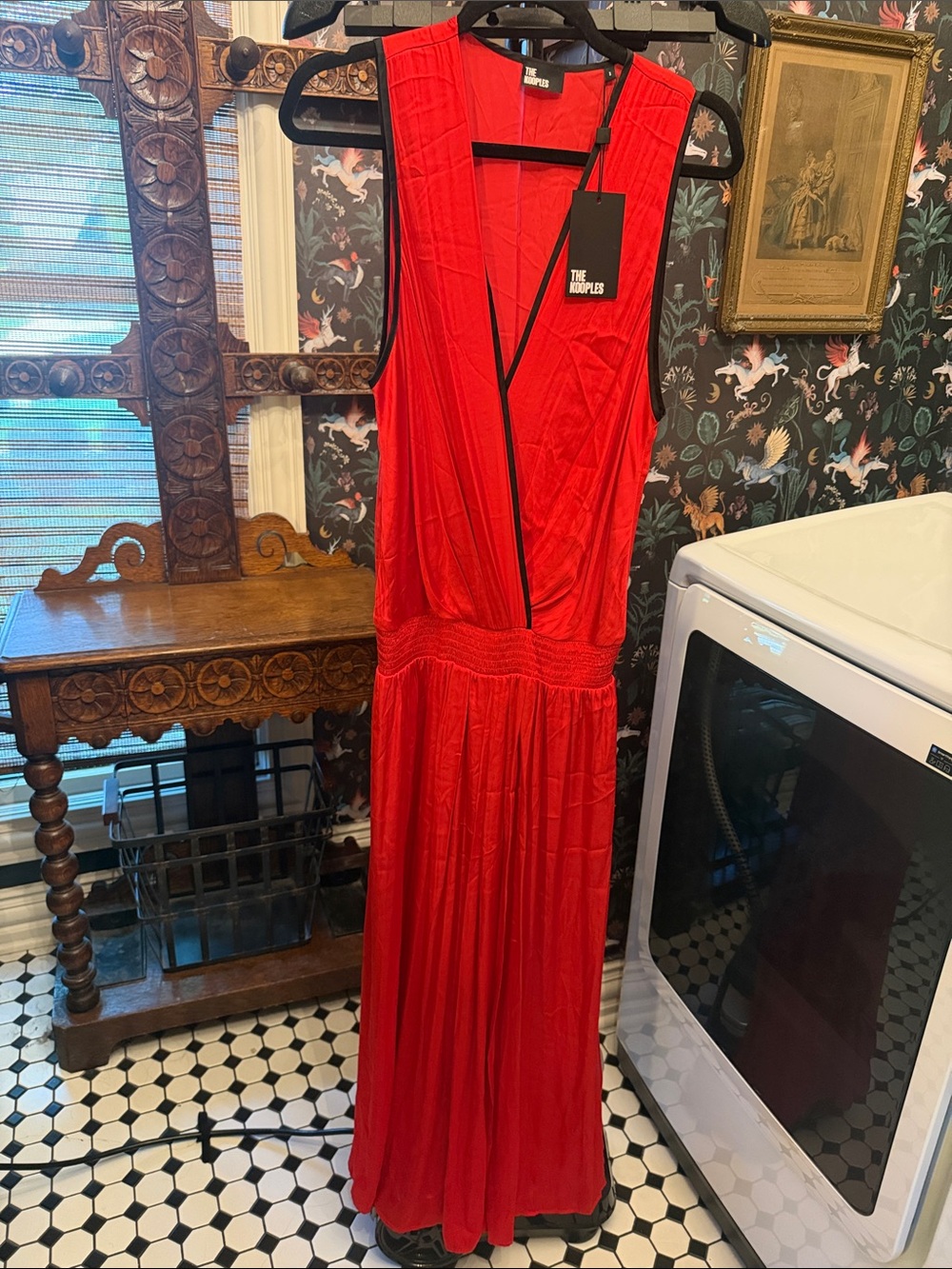 The Kooples Red V-Neck Sleeveless Maxi Dress with Black Trim